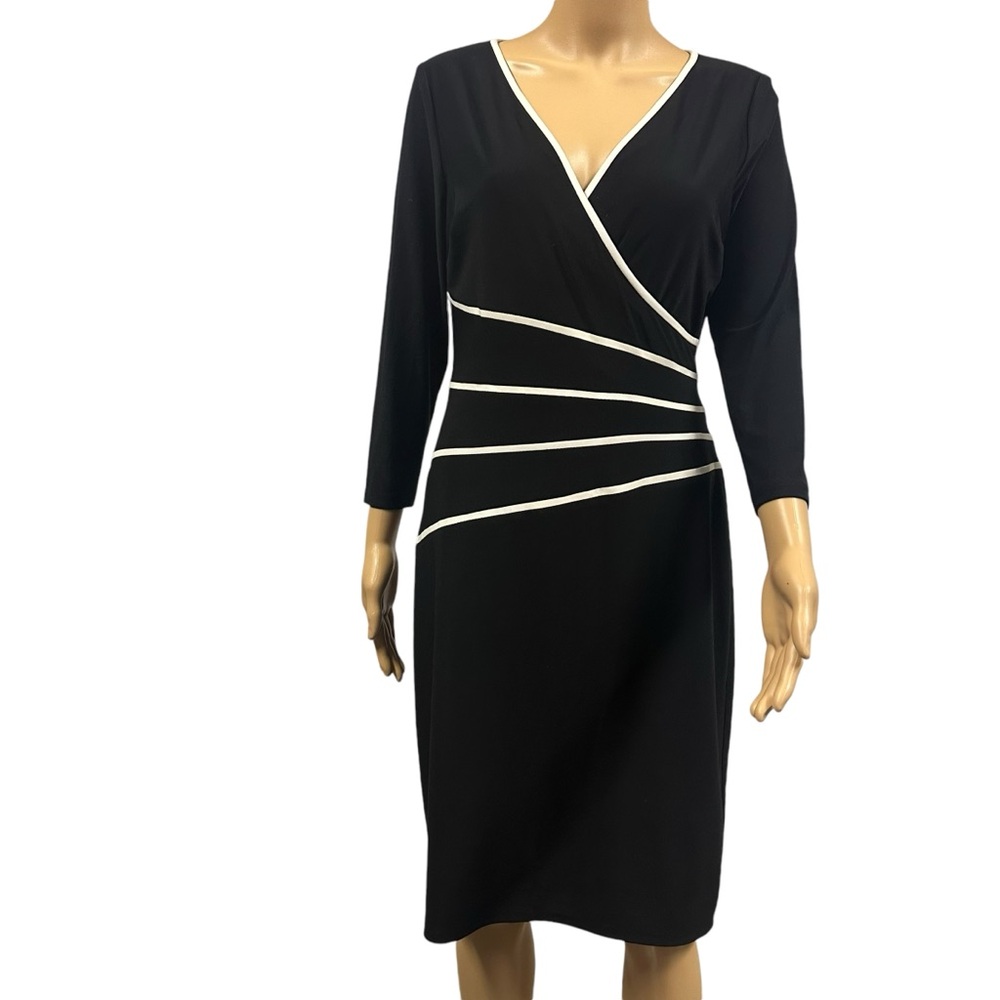 Lauren Ralph Lauren Black Midi Wrap Dress with White Piping